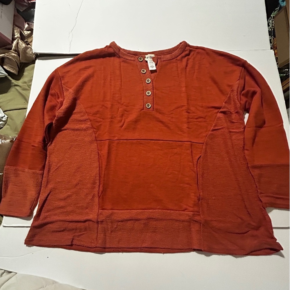 BIBI Burnt Orange Henley Sweatshirt Oversized Pocket Top Sm Cozy Chic